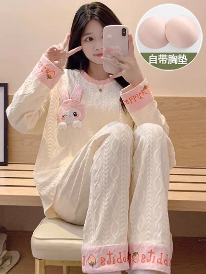Pajamas women summer cardigan long-sleeved trousers suit summer ladies 2024 new cartoon spring autumn winter home clothes