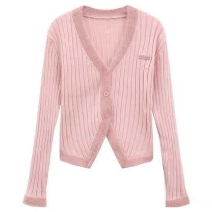 Spliced furry pink knitted cardigan for women autumn 2023 new slim fit short V-neck single-breasted top A2231