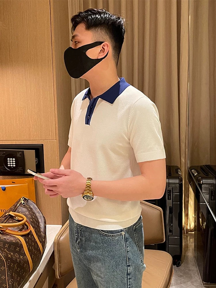 Summer new contrast color collar knitted tops men's T-shirt short sleeve business slim clothes lapel polo shirt men