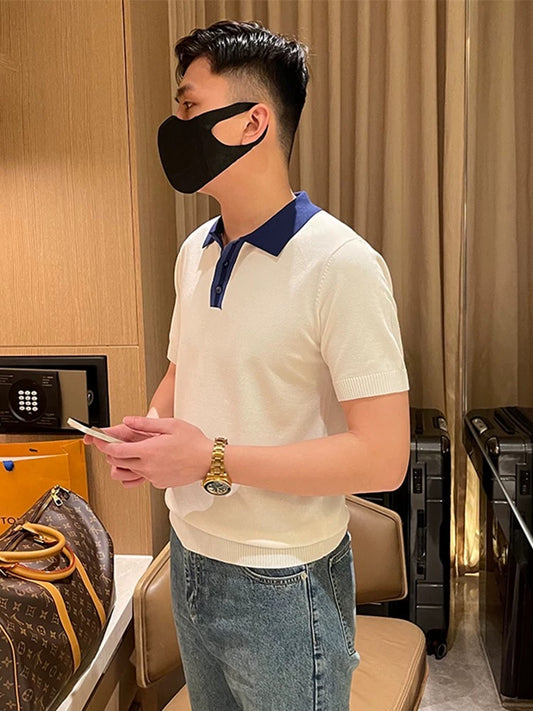 Summer new contrast color collar knitted tops men's T-shirt short sleeve business slim clothes lapel polo shirt men