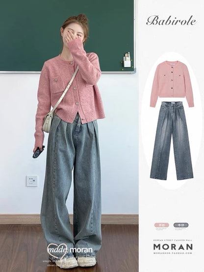 Small fragrant style knitted cardigan sweater coat lazy wide-leg jeans two-piece suit female fashion small man autumn