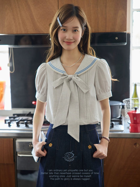 Nov elist One Large Bow Design Short-Sleeve Top Retro Sailor Collar Shirt