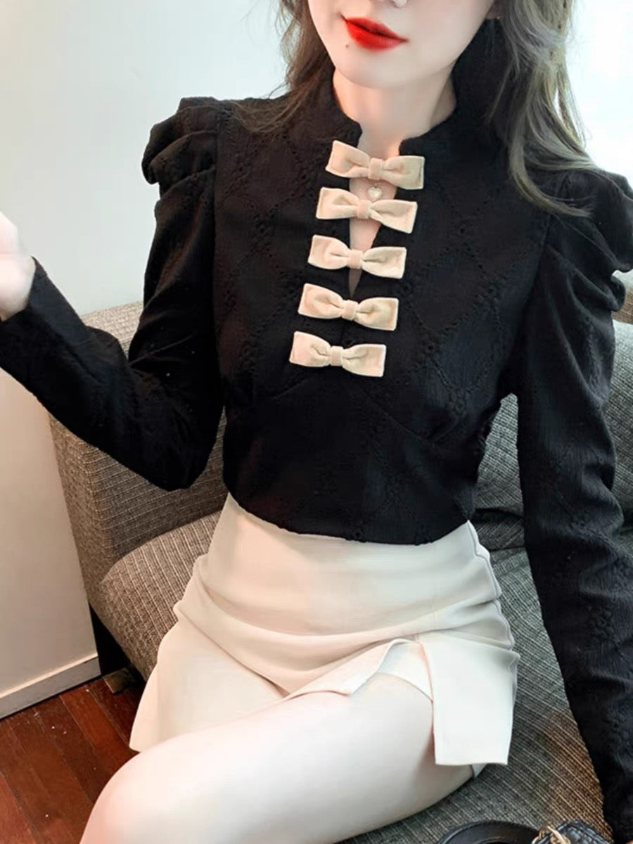 Palace style puff sleeve jacquard shirt for women autumn new slim fit versatile sweet bow stand collar bottoming top (B2310)