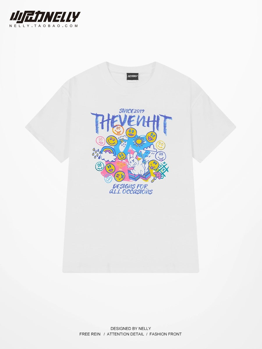 Colorful graffiti print short-sleeved T-shirt for men and women summer 2024 new pure cotton loose round neck boys T-shirt top