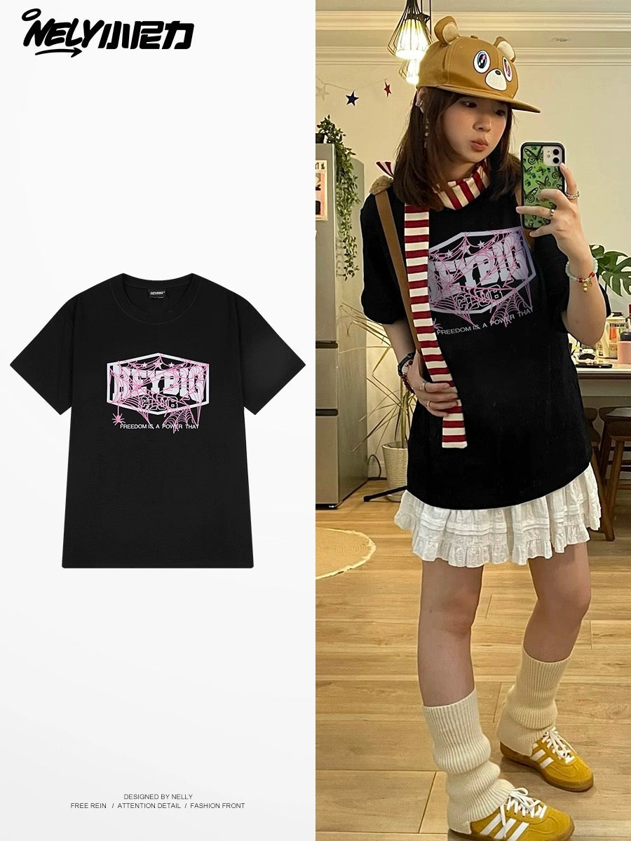 nely American high street vibe spider letter pure cotton short-sleeved T-shirt men and women summer all-match tops ins