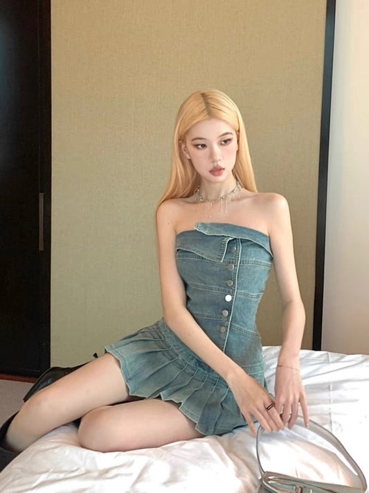 MOXI Millennial Hot Girl Summer Distressed Punk Rock Denim Top with Lapel + Pleated Denim Skirt