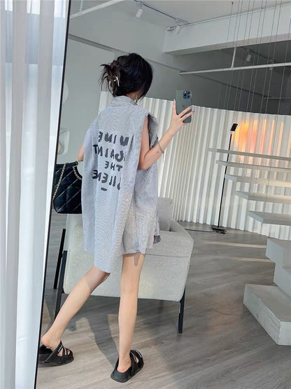 Mrs. fashionable sleeveless shirt and shorts two-piece set for women summer wear 2023 new loose casual Internet celebrity suit trend (S026)