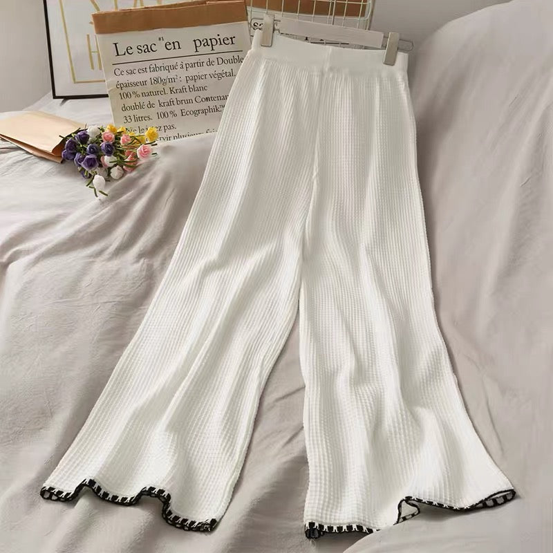 Fashion suit for women 2023 new color matching single row V-neck long-sleeved knitted top elastic waist slimming wide-leg trousers
