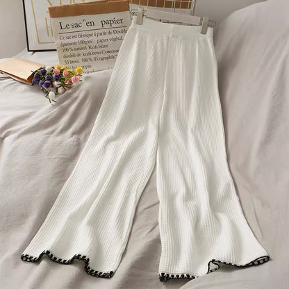 Fashion suit for women 2023 new color matching single row V-neck long-sleeved knitted top elastic waist slimming wide-leg trousers