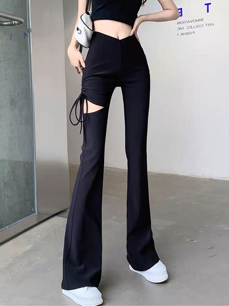 Design niche ripped casual pants for women in autumn new drawstring high waist slim fit flared floor mopping pants (B3911)