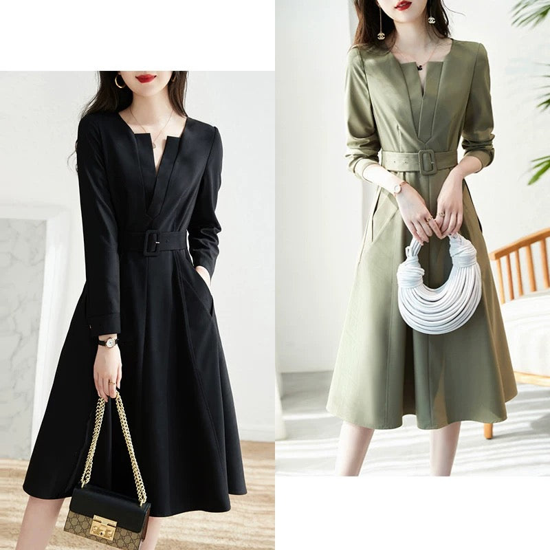 International first-line brand original single women's fashion slim French luxury high-end long-sleeved V-neck waist dress