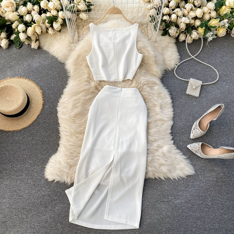 Cool and elegant lady internet celebrity suit solid color round neck vest short top high waist hip-wrapped mid-length skirt two-piece suit for women