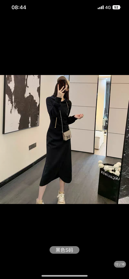 Hooded pink sweatshirt skirt women's autumn new waist slimming mid-length casual temperament bottoming dress (V6618)