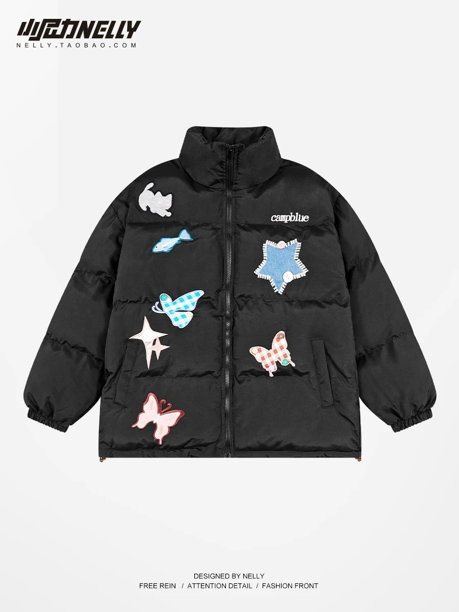 American retro trendy brand butterfly five-pointed star warm and cute bread coat cotton coat jacket for men and women winter cotton coat and jacket