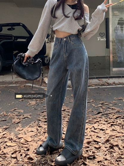 Hong Kong style retro distressed jeans for women in spring, loose and drapey straight wide-leg pants, high-waisted, slim floor-length pants