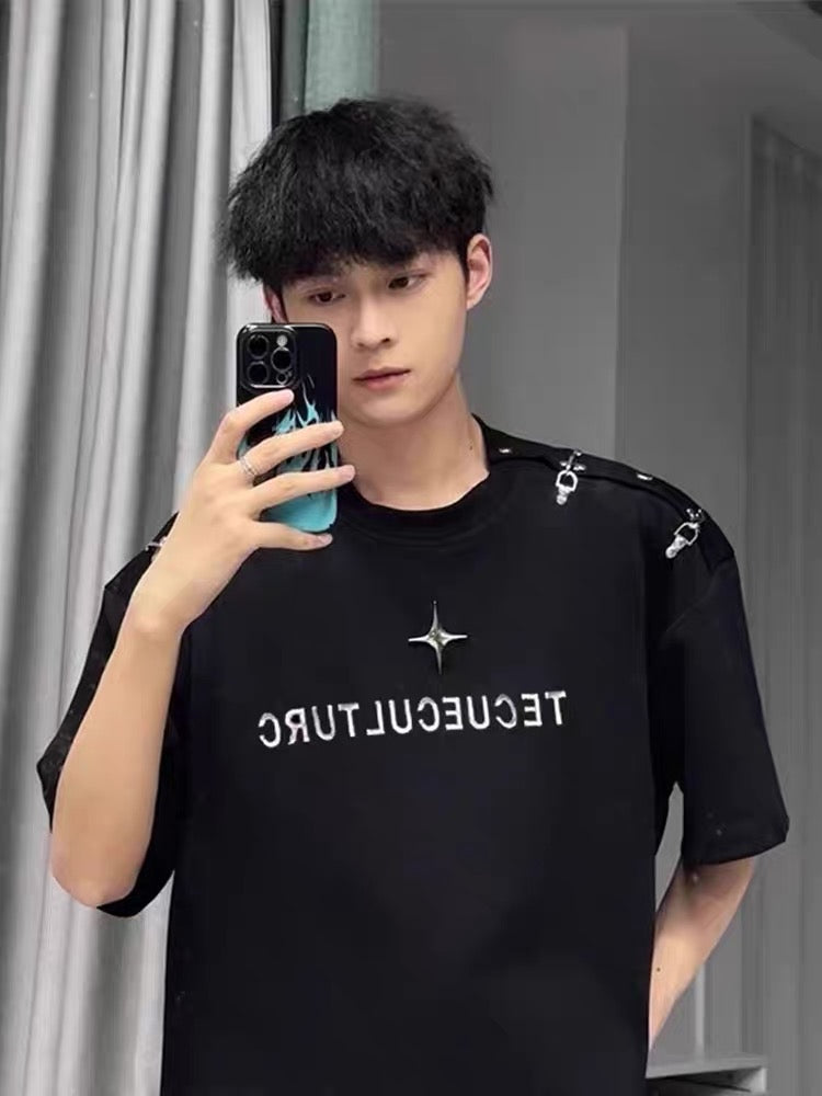 American hiphop heavy cotton deconstructed metal buckle short-sleeved t-shirt men and women summer design sense small crowd ruffian handsome top