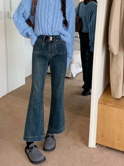 PPHOME Casual and Versatile~ Small straight-leg bootcut jeans for autumn and winter high-waisted cigarette pants and nine-minute long pants