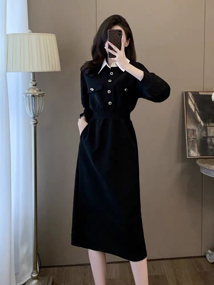French style dress for women 2023 autumn and winter new black waist slimming POLO collar high-end sweatshirt skirt