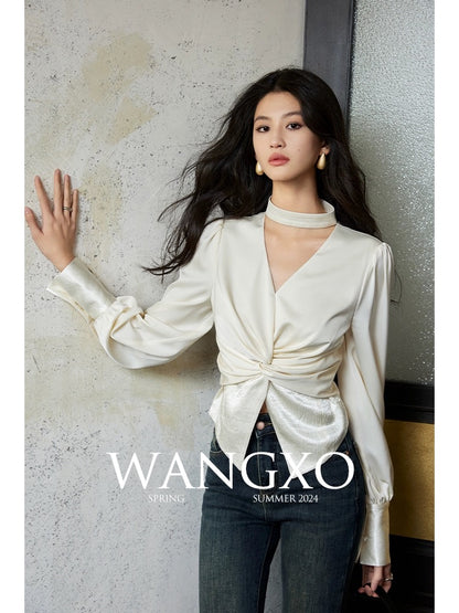 WANGXO丨High-definition and luxurious matte walnut satin丨V-neck halterneck waist-cinching splicing design long-sleeved shirt for women