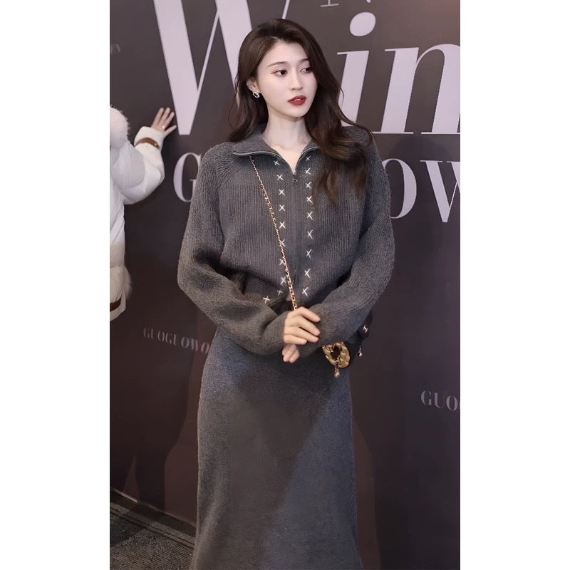 La Chapelle fashionable casual sports suit skirt women's autumn and winter 2023 new knitted skirt two-piece set
