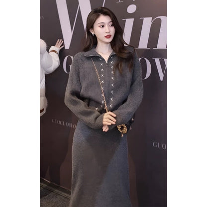 La Chapelle fashionable casual sports suit skirt women's autumn and winter 2023 new knitted skirt two-piece set