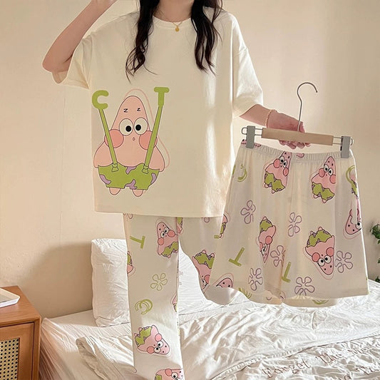 Pajamas women's short-sleeved trousers summer cotton thin junior high school students 13 girls big children cartoon cute three-piece set