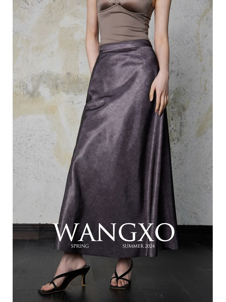 WANGXO｜Gorgeous gilt luster｜Imitation acetate satin cracked texture｜Retro high-end hip-hugging skirt for women