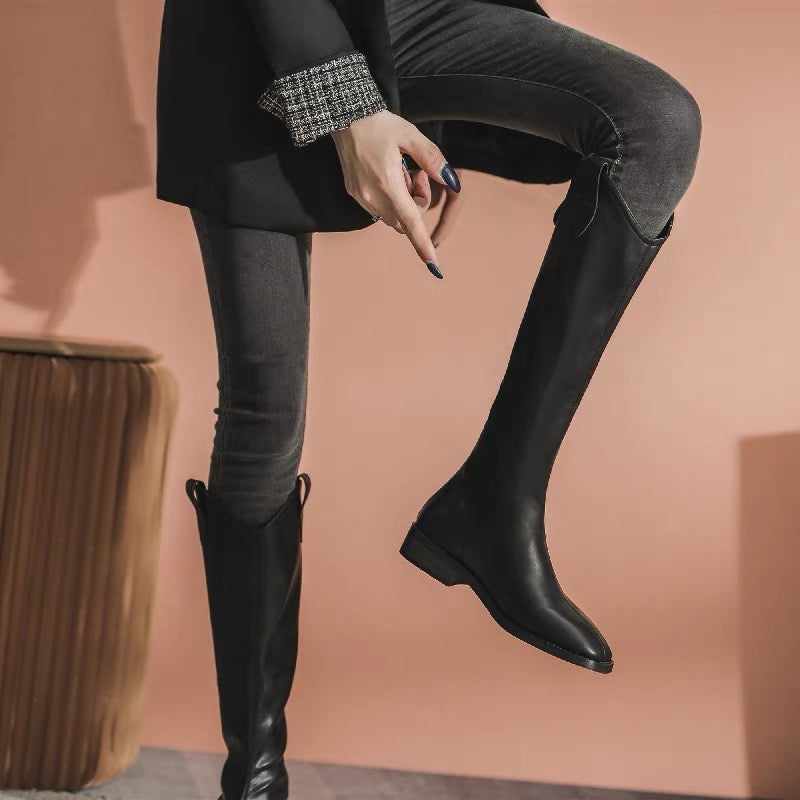 2023 autumn and winter new hot style tall slim flat black boots versatile tall stockings knight boots plus velvet