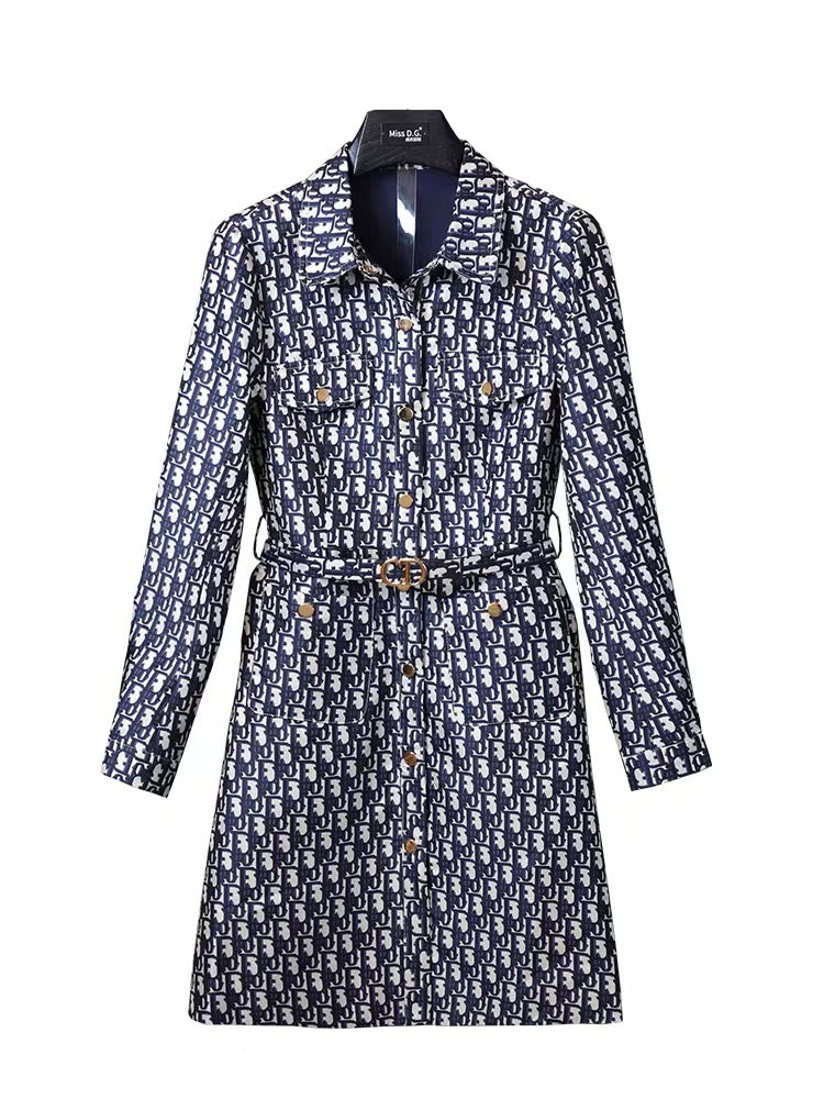 Miss DG temperament slim and high-end dress 2023 autumn and winter jacquard long-sleeved small lapel skirt with belt (D0677)