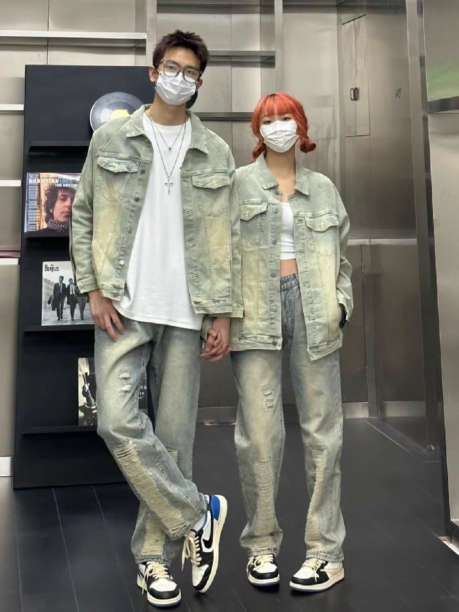 Washed yellow mud denim jacket men's spring and autumn zipper American workwear jacket tide brand couple retro denim jacket gown