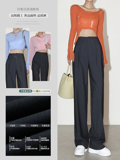 High-end narrow version wide-leg pants for women in spring, autumn and summer, high waist design, drape and slim straight-tube casual mopping wool suit