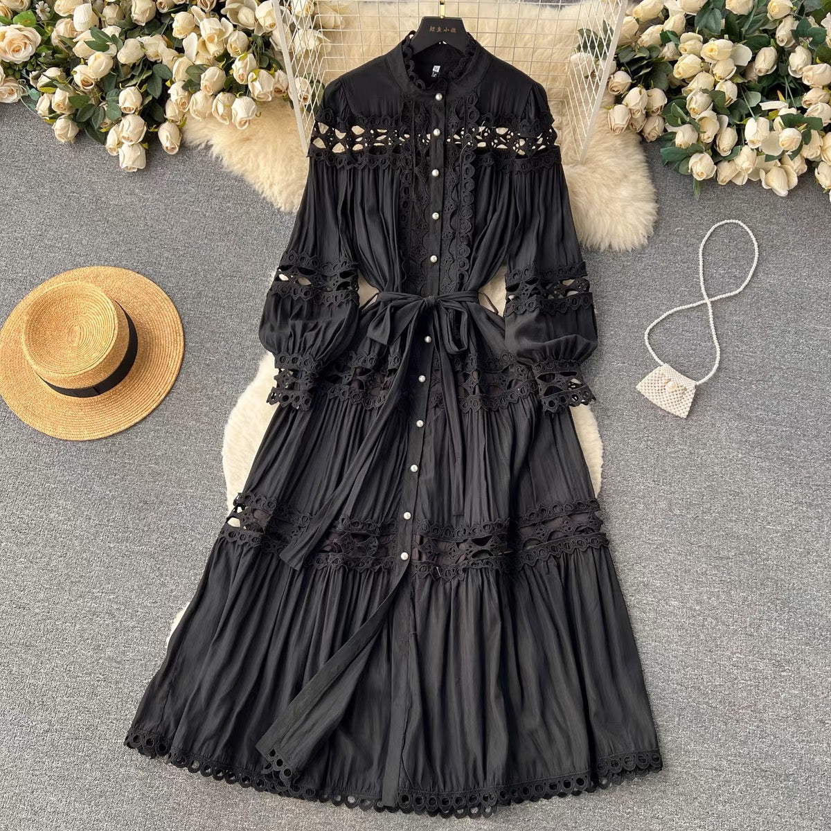 French retro palace style stand-up collar hollow single-breasted long-sleeved dress with waist and elegant high-end feel (S0991)