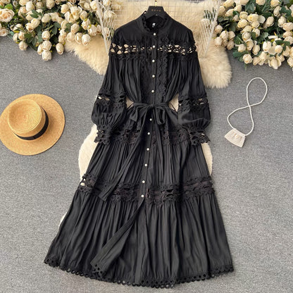 French retro palace style stand-up collar hollow single-breasted long-sleeved dress with waist and elegant high-end feel (S0991)