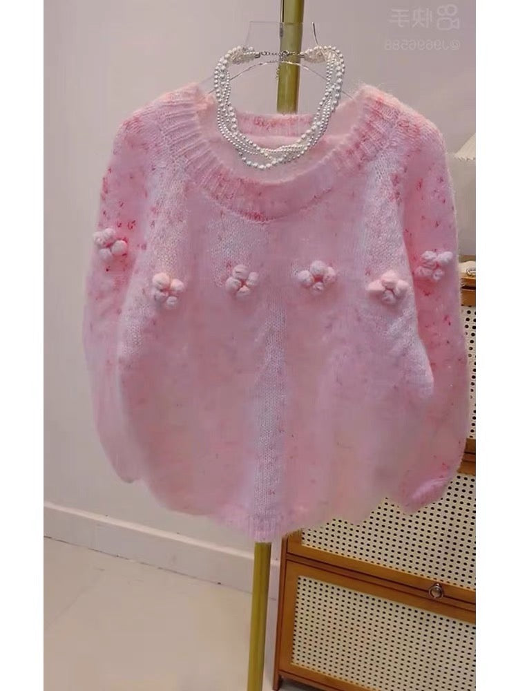Lazy style design, unique three-dimensional flower pink sweater for autumn outer wear, gentle style artistic student sweater for women (V7715)