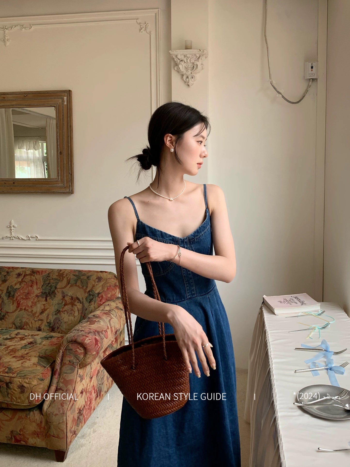 DH OFFICIAL Big Flower [Island Venus] Denim Dress Women's Summer Korean High-end Suspender Long Skirt