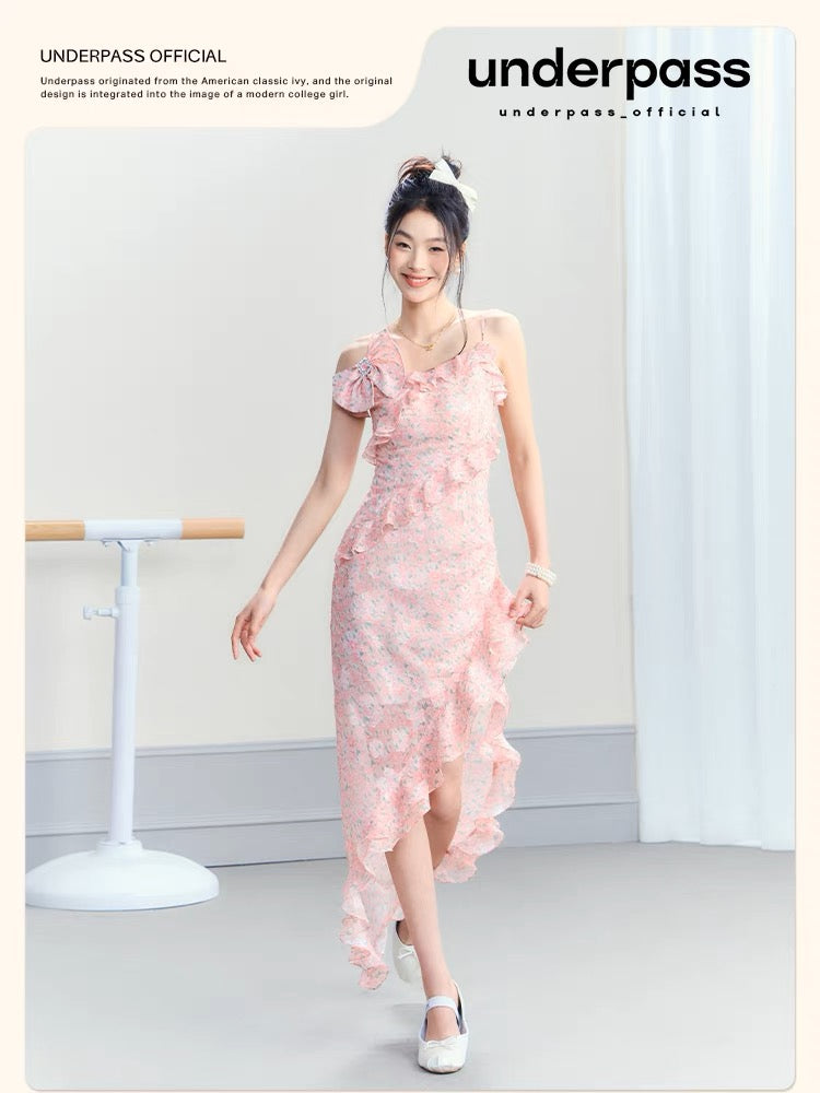 Underpass original design floral slit seaside vacation bow slim long skirt suspender dress