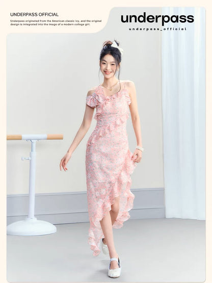 Underpass original design floral slit seaside vacation bow slim long skirt suspender dress