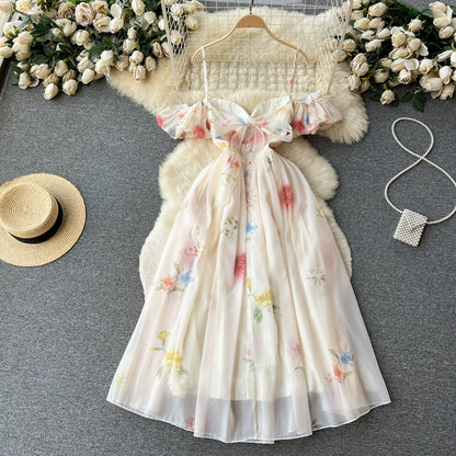 French one-shoulder tube top suspender dress for women in summer gentle style waist-cinching floral puff sleeves mesh fairy skirt