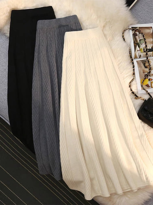 Knitted skirt for women in autumn and winter with sweater, high-waisted umbrella skirt, pleated skirt, mid-length woolen skirt, a-line long skirt, trendy