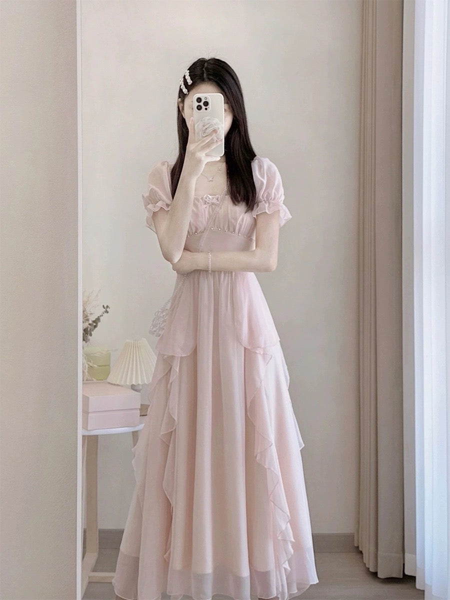 French pink chiffon dress, summer texture, high-end sense, waist slimming, gentle temperament, fairy long skirt
