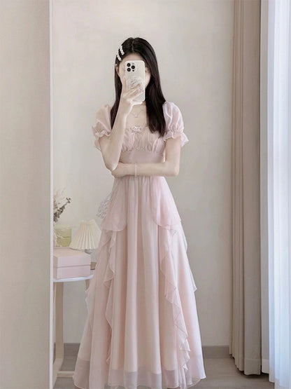 French pink chiffon dress, summer texture, high-end sense, waist slimming, gentle temperament, fairy long skirt