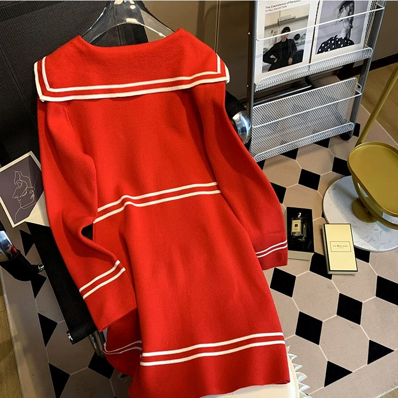 Star's same style chain pocket navy collar long-sleeved sweater dress retro slim mid-length knitted skirt autumn