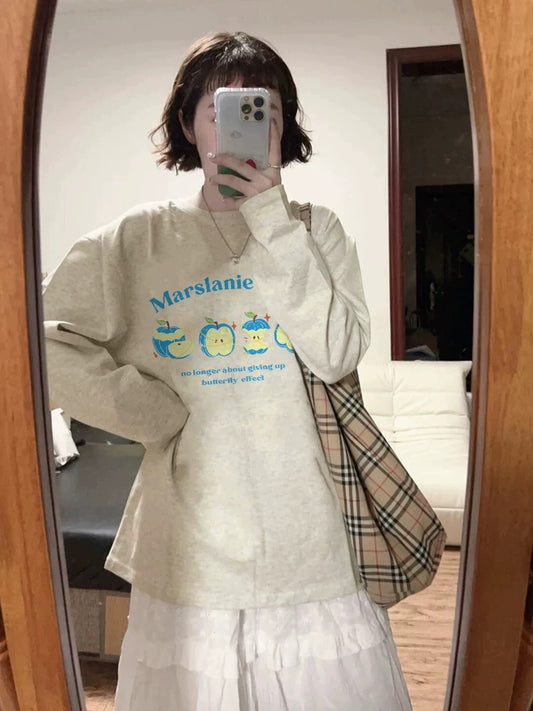 100% cotton American retro Hong Kong style chic straight shoulder long-sleeved T-shirt women's loose lazy niche design top