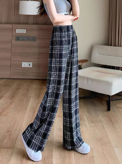 Pleated plaid trousers for women 2023 new autumn thin Korean style high-waisted straight loose slim casual wide-leg trousers (B3918)