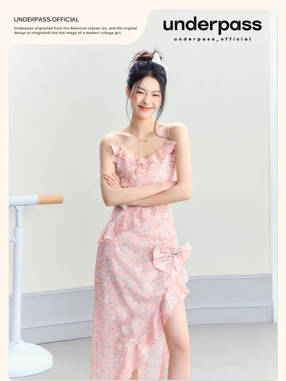 Underpass original design floral slit seaside vacation bow slim long skirt suspender dress