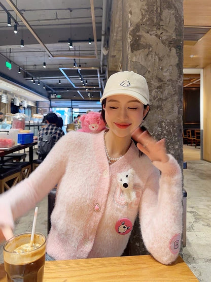 Thebestxue 2023 new Korean style pink short v-neck bear decorated sweater cardigan sweater for women autumn