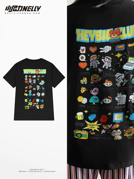 American retro cartoon print short-sleeved T-shirt for men and women tops summer thin street half-sleeved national tee casual T-shirt