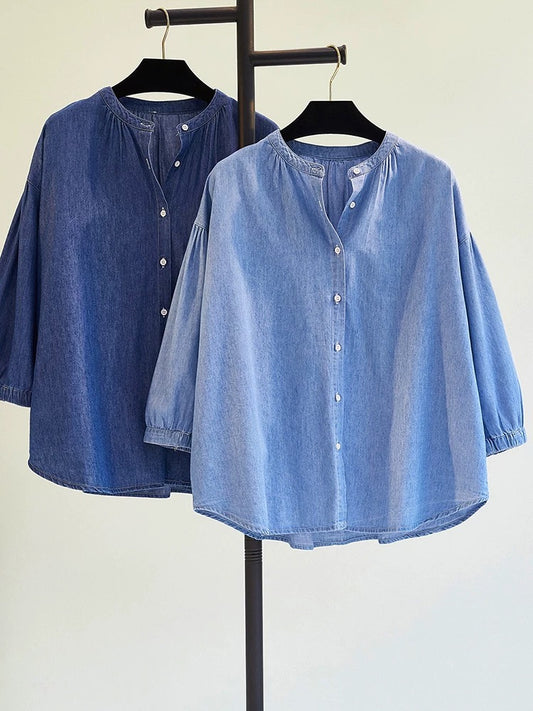 Tencel cotton round neck denim shirt literary style lazy style three-quarter sleeve loose denim shirt solid color top trend