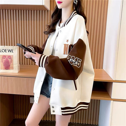 2023 Autumn and Winter American Retro Velvet Sweater Baseball Uniform Cardigan Women's Loose Lazy Sports Style Top Jacket