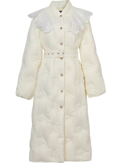 2023 new winter fashion collar ruffled waist white duck down butterfly embroidered down jacket
